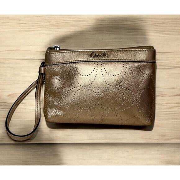 Coach Metallic Bronze Leather Perforated Wristlet - Picture 1 of 8